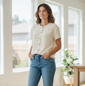 Vintage JONES NEW YORK Silk Button Down Shortsleeve Blouse In Cream. Size 10